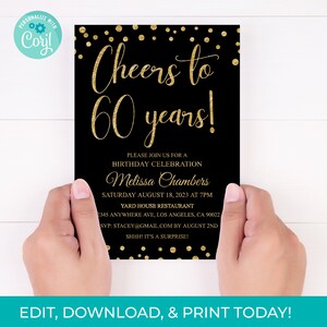60th Birthday Invitation 60th Invite Black Gold Glitter Invitation, Editable 60 Years Printable Instant Download, DIY