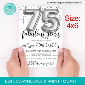75th Birthday Editable Invitation 75th Invite Silver Balloons Party, For Him or Her Instant Download Printable, Editable DIY - 4x6