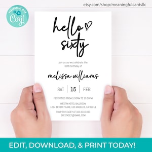 Hello Sixty 60th Birthday Invitation 60th Invite Minimalist Invitation, Editable 60 Years Printable Instant Download, DIY