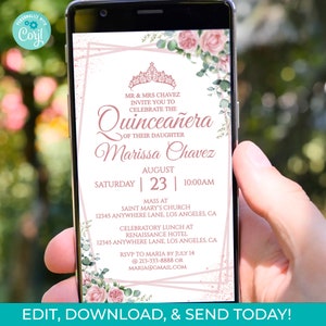 Pink White Quinceañera Digital Invitation, Editable 15th Birthday Party Invite Template, Mis Quince Anos, digital mobile phone invitation