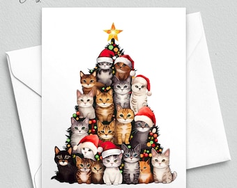 Puede incluir: Una tarjeta de Navidad con un diseño de árbol compuesto por numerosos gatos, algunos con gorros de Papá Noel. La tarjeta es blanca, acompañada de un sobre a juego. El texto "Meaningful Cards" está en la parte superior izquierda. El texto "PRIORITY MAIL OPTIONS AVAILABLE AT CHECKOUT" está en la parte superior.
