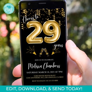 29th Birthday Invitation: Black and Gold Balloons (Digital Download)