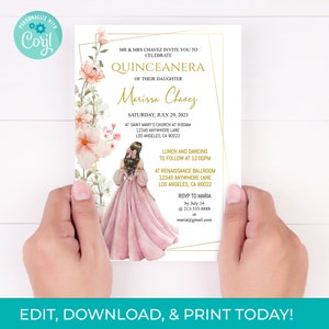 Pink and Gold Quinceañera Invitation, Editable 15th Birthday Party Invite Template, Mis Quince Anos, Instant Download
