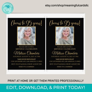 95th Birthday Invitation With Photo 95th Invite Black Gold Digital ...