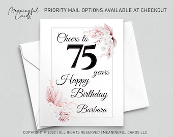 75th Birthday Card Personalized Birthday Card, Cheers to 75 Years Custom Birthday Card, Boho Birthday Card, White Pink Floral