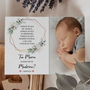 Descargar "Quieres ser mi madrina" en español, tarjeta de madrina con foto, propuesta de madrina para descargar al instante, poema de madrina para descargar.