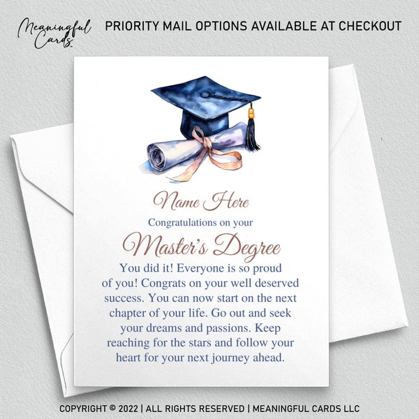 Personalized Master's Degree Graduation Gift - MA MBA Graduate Gift - Thoughtful Message Card - Customized Graduation Card