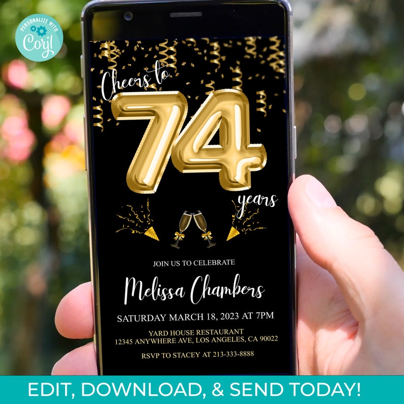 74th Birthday Invitation, Black Gold Balloons (digital Download) - Etsy
