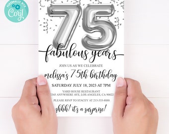 75th Birthday Editable Invitation 75th Invite Silver Balloons Party, For Him or Her Instant Download Printable, Editable to Any Age