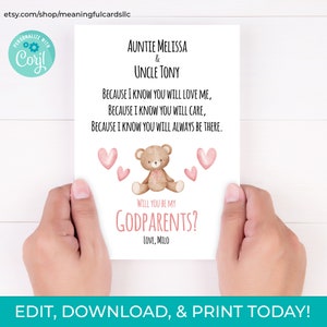 Download editável você será meu padrinho para impressão, cartão de madrinha, proposta de madrinha, download instantâneo, poema de madrinha, urso rosa