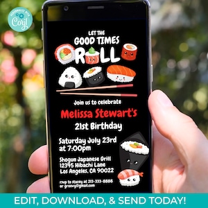 Invitación editable para fiesta de sushi, rollo de sushi kawaii, descarga instantánea, texto para móvil, descarga digital