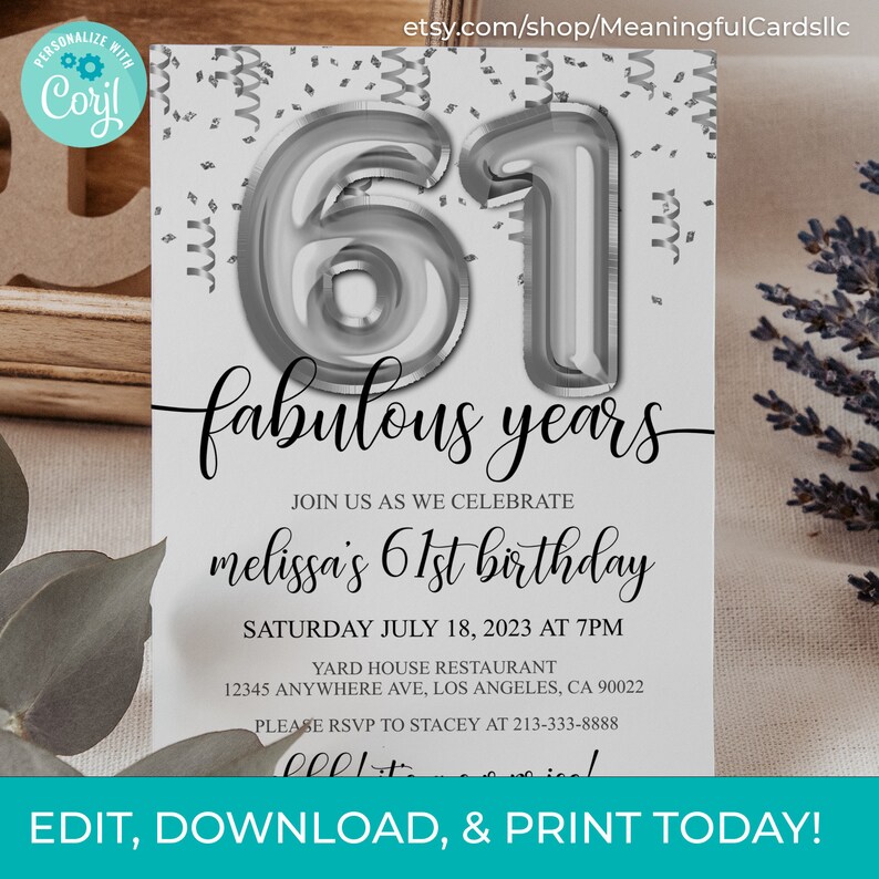 61st Birthday Editable Invitation 61st Invite Silver Balloons Party ...