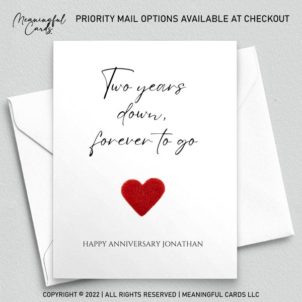 Second anniversary card, two years down forever to go, personalized anniversary card for him, anniversary card for her, 2nd anniversary