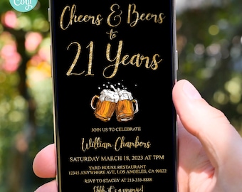 21st Birthday Invitation Editable 21st Invite Send Online, Cheers & Beers to 21 Years Digital Invitation Download, DIY
