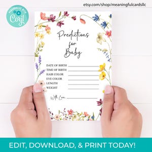 Prédictions de baby shower pour bébé fleurs sauvages, téléchargement immédiat, modèle imprimable
