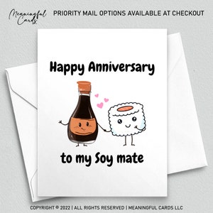 Carte d'anniversaire drôle de compagnon de soja pour femme, petite amie, amateur de sushi, carte de joyeux anniversaire à mon compagnon de soja, sashimi, jeu de mots de cuisine japonaise