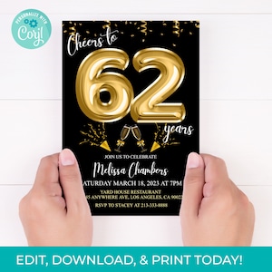 Convite de aniversário de 62 anos Convite de balões pretos dourados, editável 62 anos para impressão, download instantâneo, faça você mesmo