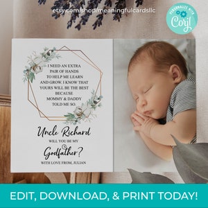 Editável minimalista você será meu padrinho com foto para impressão, cartão de padrinho, proposta de padrinho para download instantâneo, boho floral