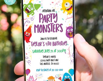 Editable Party Monsters Birthday Digital Invitation Template, Electronic Invite, Party Animals Birthday Invite, Digital Phone Invitation
