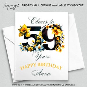 Conception florale personnalisée de carte de 59e anniversaire, carte personnalisée de cinquante-neuvième anniversaire avec des fleurs