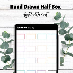 May include: A digital sticker set of 20 hand-drawn half boxes in various colors. The stickers are designed for use in digital planners and notebooks. The image shows a digital planner app with the stickers displayed on a grid.