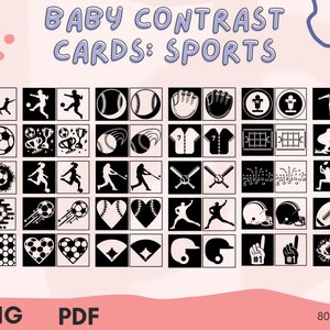 Tarjetas de bebé de alto contraste Tema deportivo / Descarga digital / PNG / PDF / Tarjetas de recién nacidos en blanco y negro / Imprimible / Tarjetas de arte / Tarjetas sensoriales