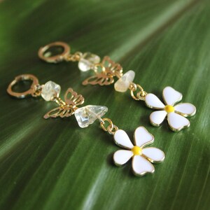 18 Karat Gold Plated White Flower/Butterflies Earrings and Citrine Stones with Lever Back Hoops
