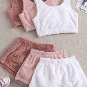 Set of 2 Sleeveless Strap Plush Fleece Bottom Top Shorts Pajama Set Multi Color