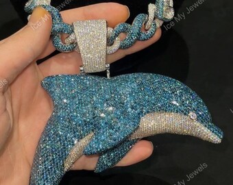 Iced Dolphin Moissanite Pendant, Blue Topaz Animal Charm, Custom Moissanite Pendant 925 Sterling Silver, Hip Hop Moissanite Charm Men