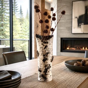 May include: A cylindrical vase crafted from white and black birch bark, featuring a rugged, natural texture. The vase holds a collection of thin, bare branches adorned with small, round, dark brown pine cones, creating a tall, organic arrangement.