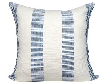 Schumacher Ketley Stripe Pillow Cover: Blue Cotton-Acrylic Blend with Linen Back