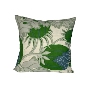 Christopher Farr Pillow Cover Carnival in Green and Blue Throw Pillow with Solid Ivory Linen Backing - All Sizes Available