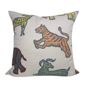 Animal Print Pillow Cover: Whimsical Safari Animals, Oatmeal Cotton Canvas