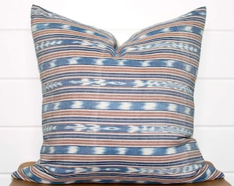 Blue Ikat Pillow Cover - Striped Pillow Cover - Handwoven in Guatemala - Solid Cream Linen Back - All Sizes Available