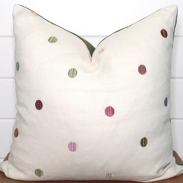 Embroidered Dots Pillow Cover - Throw Pillow - Linen with Velvet Back - All Sizes Available