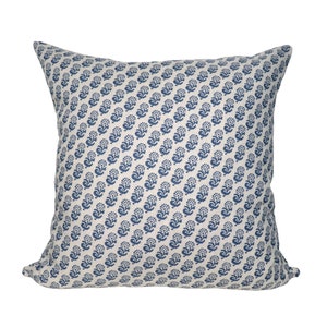 Lisa Fine Rambagh Pillow Cover - Reverse Blue on Natural - Solid Natural Linen Backing - ALL SIZES AVAILABLE