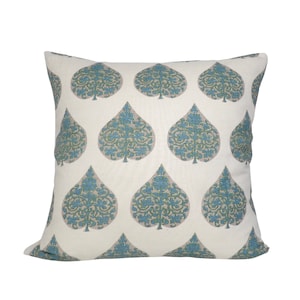 John Robshaw Ratana Pillow Cover Hand Block Printed Designer Ratana Peacock Fig Leaf Throw Pillow - Solid Ivory Linen Backing
