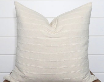 Ivory Hmong Stripe Pillow Cover: Cream Cotton, Linen Back