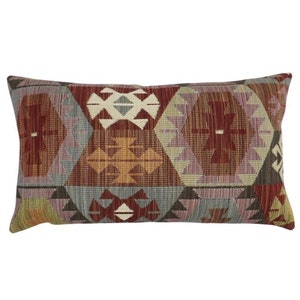 Geometric Tapestry Lumbar Pillow Cover: Vintage Rose Velvet Back (14 x 24)