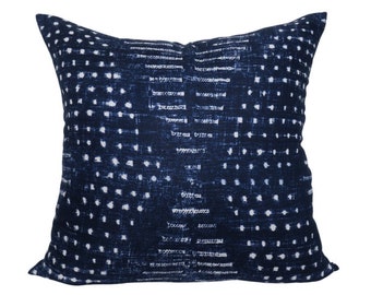 Thibaut Mali Pillow Cover: Navy Batik Print, Ivory Linen Back