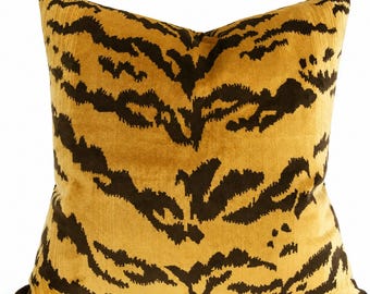 Scalamandre Le Tigre Silk Velvet Pillow Cover, Luxury Tiger Stripe Throw Pillow, Brown Gold Animal Print Cushion, Designer Accent Pillow