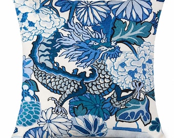 Schumacher Chiang Mai Dragon Pillow Cover, China Blue Designer Throw Pillow, Chinoiserie Blue Linen Cushion, Luxury Decor
