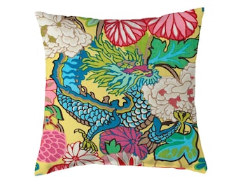 Schumacher Chiang Mai Dragon Pillow Cover Yellow Linen with Solid Linen Backing
