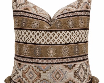 Turkish Kilim Pillow Cover | Neutral Boho Throw Pillow | Brown Beige Southwestern Cushion | Reversible Chenille Pillow Cover