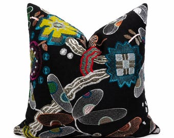 Black Silk Embroidered Floral Pillow Cover | Velvet Back Designer Throw Pillow | Luxury Decorative Accent Cushion