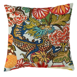 Schumacher Chiang Mai Dragon Aqua Pillow Cover - Decorative Pillow - Both Sides or Solid Cream Linen Back - ALL SIZES AVAILABLE
