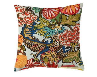 Chiang Mai Dragon Pillow Cover Aquamarine with Solid  Linen Backing