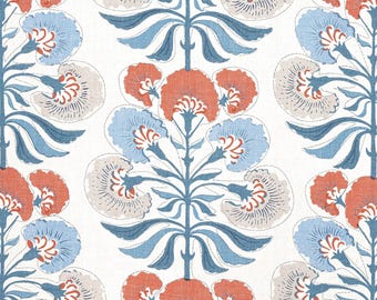 Thibaut Tybee Linen Fabric | Blue Coral Floral Block Print Fabric | Designer Coastal Upholstery Fabric Remnant
