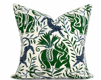 Christopher Farr La Jungle Pillow Cover | Green Blue Elephant & Tiger Lumbar | Designer Linen Throw Pillow | Luxury Accent Cushion