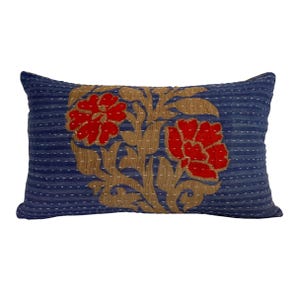 Vintage Kantha Pillow Cover - ONLY ONE AVAILABLE - Single Sided - 12 x 20 - Camel Velvet Backing Fabric